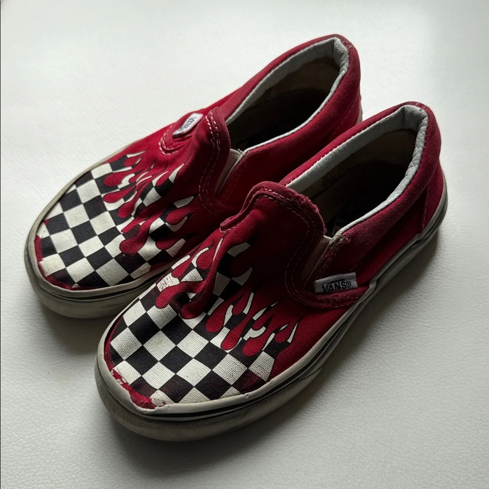 Vans Kids Slip-On Checkerboard Red Flame Sneakers Size 11.5 Black White